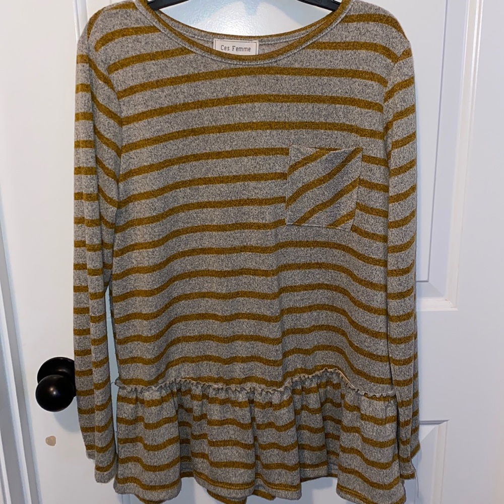 Ces Femme Grey & Mustard Striped Peplum Pocket Tee